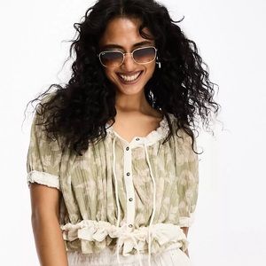 Free People Perfect Day floral smock top in green combo size large